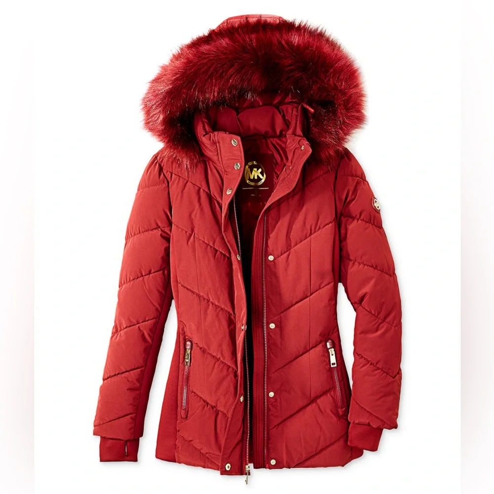 Michael Kors Women’s Faux-Fur Hooded Puffer Coat-Burgundy-Size Large NWT💋